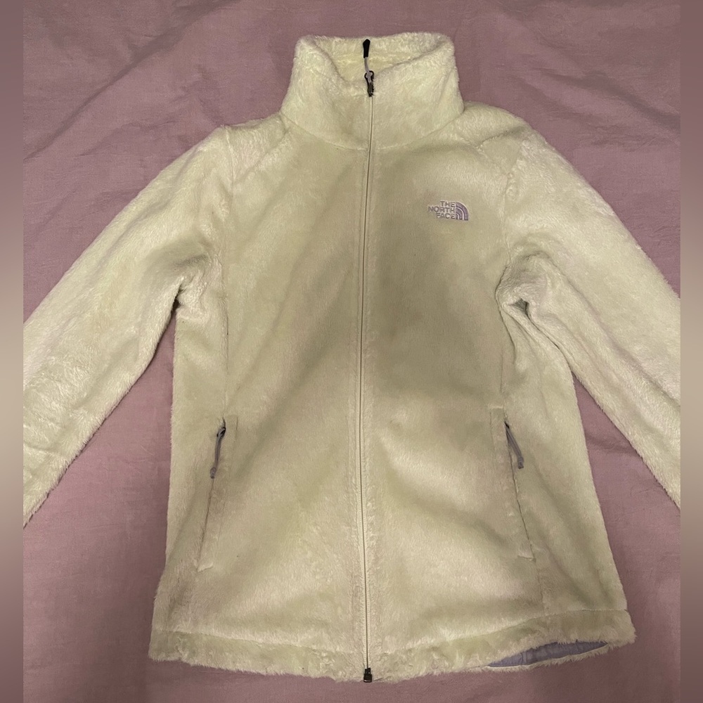 Highlighter yellow, fuzzy, North Face zip-up
